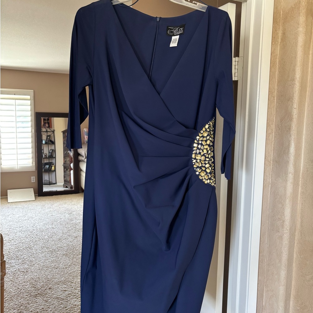 Alex Evenings Blue Embellished Ruched Wrap Dress